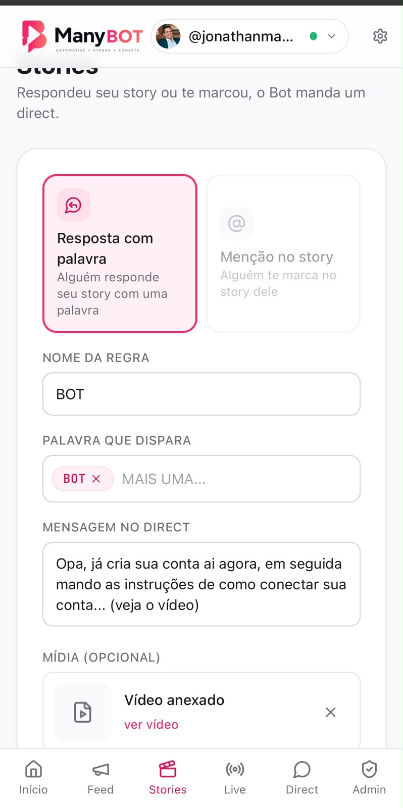 Painel do Bot do IG no celular, editando uma regra de automação de Stories
